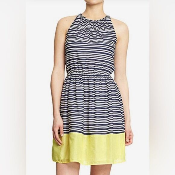 Navy and white striped yellow color block nautical dress size medium - Picture 1 of 7